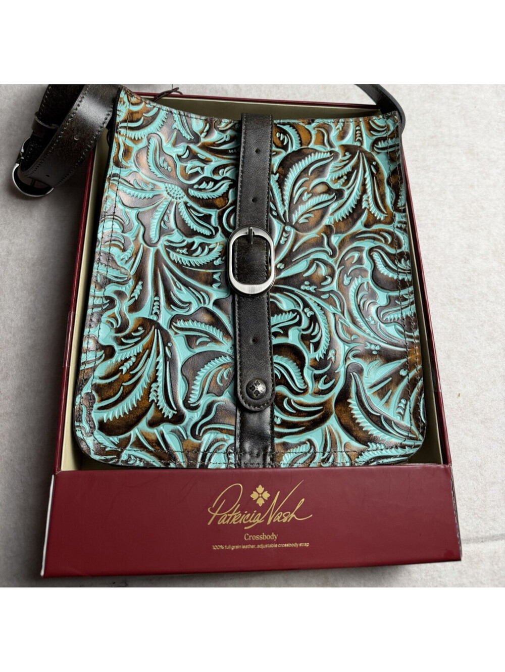 PATRICIA NASH Venezia Pouch Crossbody Bag Leather Tooled Turquoise Floral